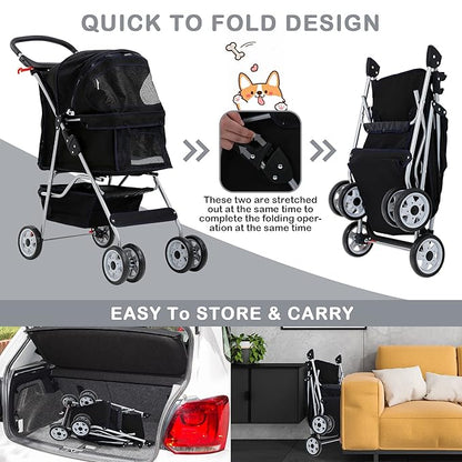 4 Wheels Pet Stroller Waterproof,Travel Stroller for Small Medium Dogs & Cats,Easy Fold with Removable Liner,Storage Basket,Black