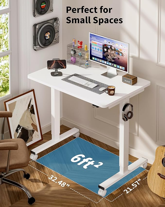 Okin Small Electric Standing Desk, 36" x 24" Whole Piece Height Adjustable Desk, White Sit to Stand Computer Workstation with Wheels for Home Office