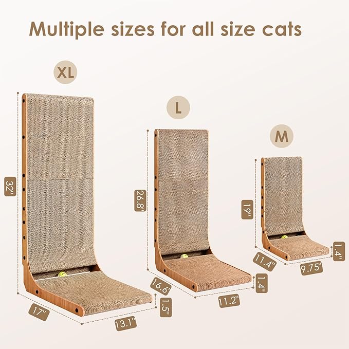 EHEYCIGA Cardboard Cat Scratcher for Indoor Kitten Cats, 19 Inch L Shaped Vertical Cat Scratching Board with Ball Cat Toy, Small Cat Scratcher Pad, Brown