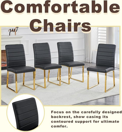 Modern Dining Chairs Set of 4, White Faux Leather Kitchen Chairs, Upholstered Armless Dining Room Chair with Gold Mental Legs Heavy Duty, Comfortable (Black and Gold, Set of 4)