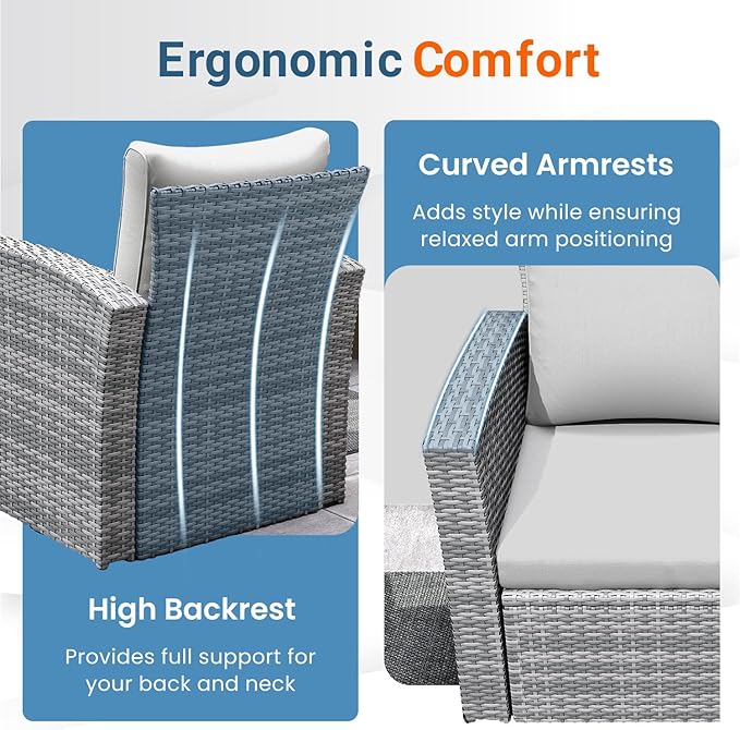 Wisteria Lane 4 Piece Patio Furniture Set, Wicker Outdoor Patio Conversation Furniture Set, All Weather Outdoor Patio Sofa with Cushion and Glass Table, Grey