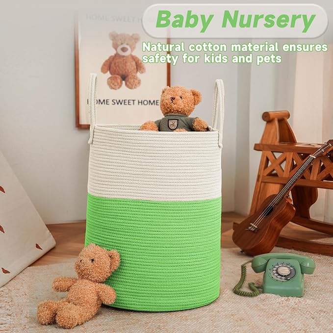 Large Woven Laundry Basket Hamper,60L Cotton Rope Storage Bin for Blankets,Toys and Clothes,Decorative Tall Nursery Hamper for Living Room,Baby Nursery,Bathroom and Bedroom,Light Green