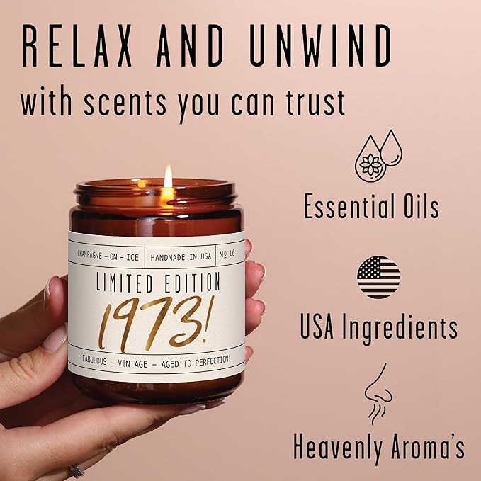 52nd Birthday Gifts for Women - 'Limited Edition 1973' Soy Candle, w/Champagne on Ice I 52 Birthday Gifts for Women I 52nd Gift for Her Ideas I 9oz Reusable Jar, 50Hr Burn, Made in USA