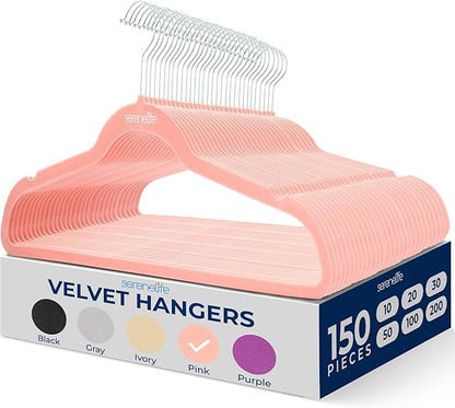 SereneLife 150-Pack Velvet Hangers – Ultra-Thin Space Saving Pink Clothes Hangers with 360° Swivel Hooks, Non-Slip Heavy Duty Design for Coats, Dresses, Shirts & More – Lightweight & Durable