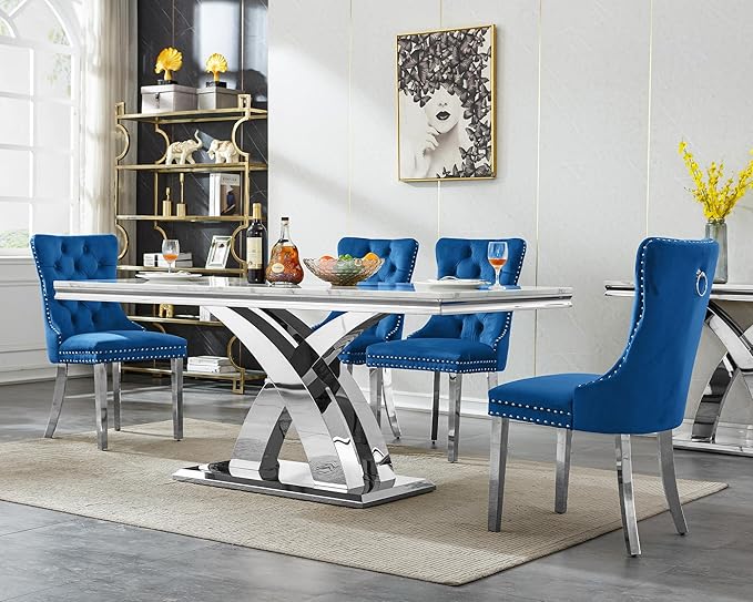 Goujxcy 68" Marble Dining Table Set for 4, Modern Rectangle Dining Room Table Set for 4, Luxury White Silver Marble Kitchen Table and Chairs Set of 4 for Living Room,Kitchen
