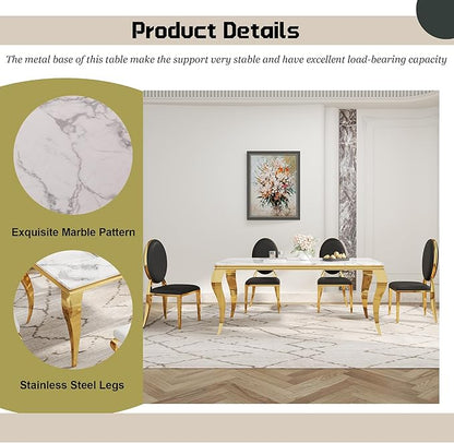 7-Piece Dining Table Set for 6, Faux Marble Modern Dining Table Set with 6 Round Backrest Upholstered Chairs, 70“ Stainless Steel Legs Table & Chair Set for Kitchen, Black & Gold