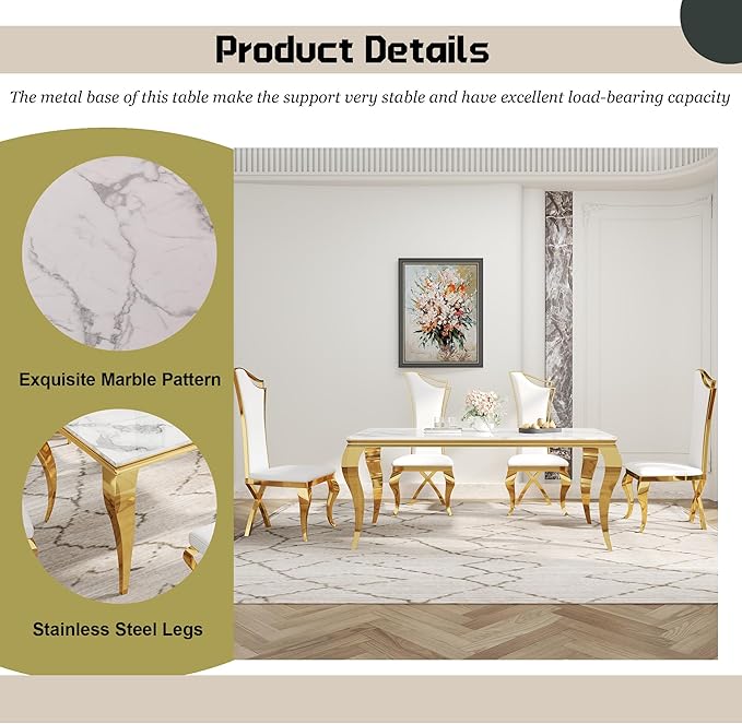 7-Piece Dining Table Set for 6, Modern Dining Room Set with 70'' Marble Dinner Table and 6 High-Back Upholstered Chairs, Stainless Steel Legs Table & Chair Set for Kitchen, White & Gold