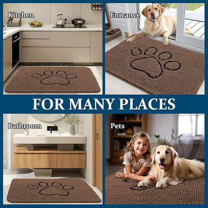 OLANLY Dog Door Mat for Muddy Paws 36x24, Paw Print Design, Absorbs Moisture and Dirt, Absorbent Non-Slip Washable Doormat, Quick Dry Chenille Mud Mat for Dogs, Entry Indoor Entryway Carpet, Mocha