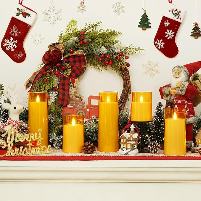 Homemory Realistic Flickering Flameless Candles, Battery Operated Candles with Remote Control and Timer, LED Fake Electric Candle for Home, Christmas Decoration, Gold, Set of 3