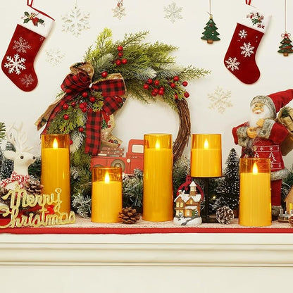Homemory Realistic Flickering Flameless Candles, Battery Operated Candles with Remote Control and Timer, LED Fake Electric Candle for Home, Christmas Decoration, Gold, Set of 3