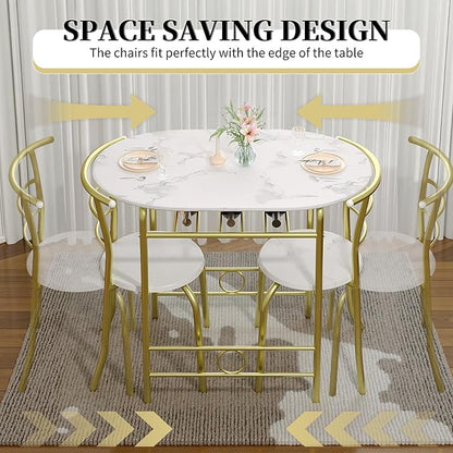 VECELO 3-Piece Dining Table Set for Kitchen Breakfast Nook, Wood Grain Oval Tabletop and Metal Frame with Built-in Wine Rack, for Small Spaces, White & Gold