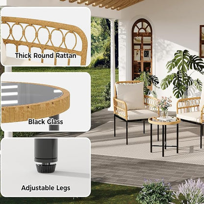 3-Piece All-Weather Wicker Rattan Bistro Patio Furniture Set with Glass Table and Thick Cushions, Beige - Ideal for Balcony, Garden, Backyard, and Poolside Conversation