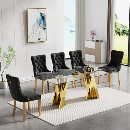 Goujxcy Modern 7 Piece Glass Dining Table Set Luxury Glass Kitchen Table and Chair Set for 6, 70" Large Rectangular Dining Room Table with 6 Tufted Chairs and Stainless Steel Legs (Gold & Black)