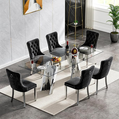 Goujxcy 70" Glass Dining Table Set for 6, Modern Silver Dining Table Set with 6 Black Velvet Upholstered Dining Chairs, 7 Piece Kitchen Dining Room Table Set with Stainless Steel Legs