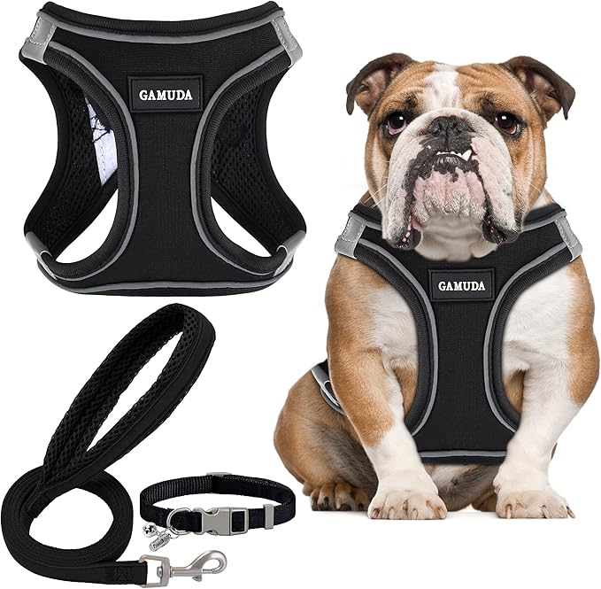 GAMUDA Small Dog Harness Collar and Leash Set, Step in No Chock No Pull Linen Fabric Soft Mesh Dog Vest Harnesses Reflective for Dogs Puppy Cats Kitten Rabbit (Black, XL)