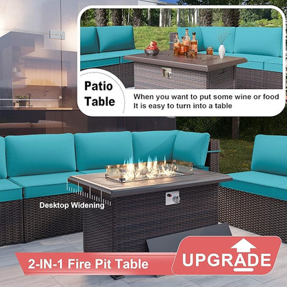 Kurapika 13 Pieces Patio Furniture Set, Rattan Wicker Outdoor Conversation Sets w/43in Propane Fire Pit Table and 4 Inch Cushion(Blue)