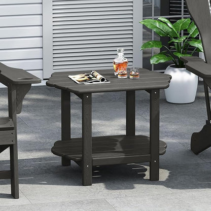 Small Outdoor Side Tables Modern 2-Tier Adirondack Table Rustic End Table HDPE Storage Shelf Industrial Corner Rectangle Coffee Table for Patio Garden Balcony Backyard Pool Farmhouse Home Grey