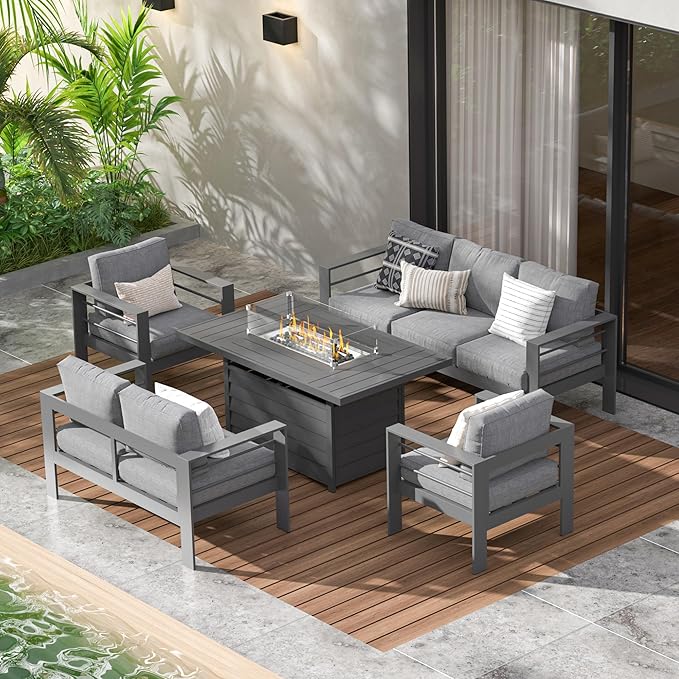 Wisteria Lane 7 Seats Aluminum Outdoor Patio Furniture Set with 54 Inch Propane Gas Fire Pit Table, Modern Patio Conversation Sets with Outdoor Sectional Couch for Backyard, Garden, Dark Grey