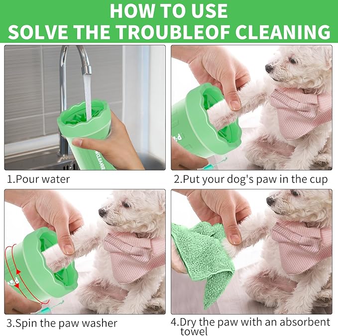 Professional 7 in 1 Dog Paw Cleaner for Dogs & Cats - Includes 1 Portable Paw Washer, 1 Bath Brush, 2 Dog Toothbrushes and 3 Absorbent Towels Note: Fits Paws up to 2 Inches Wide (Small, Light Green)