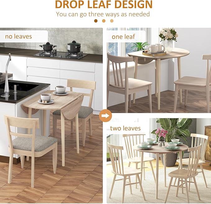 HOMCOM 35" Small Kitchen Table, Collapsible Drop Leaf Table for Small Spaces, Round Folding Dining Table with Solid Wood Legs for Kitchen, Dining Room, Oak