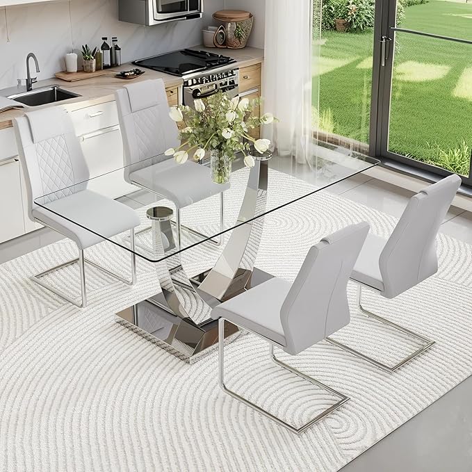 AZmac 63” Glass Dining Room Table Set for 4, Modern Kitchen Table and Chairs Set of 4, Dining Sets with Rectangular Tempered Glass and Sturdy Silver Chrome Base, for Kitchen Home