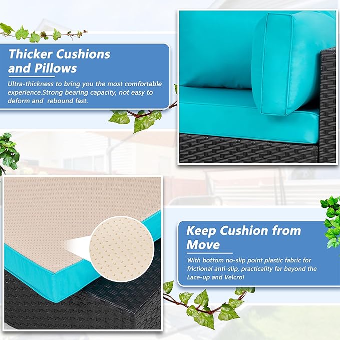 Shintenchi 5 Pieces Outdoor Patio Sectional Sofa Couch, Black PE Wicker Furniture Sets, Patio Conversation Sets with Washable Cushions Glass Coffee Table for Garden, Poolside, Backyard,Blue