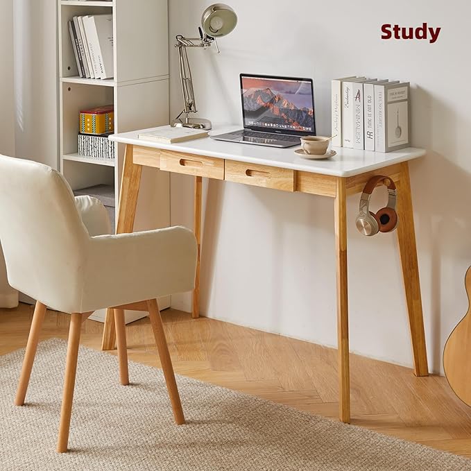 Small Computer Desk Table, Wood Writing Desk with Drawer and Hanging Rod, 39x20x30inch Study Desk, Work Desk, Wooden Dining Table White + Natural Wood Legs YD-WD01WN
