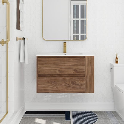 Goujxcy 30" Wall Mounted Bathroom Vanity with Sink, Modern Floating Bathroom Cabinet with White Gel Basin and Storage Drawer/Adjustable Side Shelf, Soft-Closing Door Wood Hanging Bath Room Cabinet