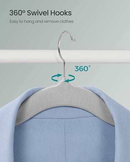 SONGMICS Velvet Hangers 60 Pack, Non-Slip Clothes Hangers with Silver-Colored Swivel Hooks, Slim Space-Saving for Closet, Heavy-Duty, Dove Gray UCRF036GD02S