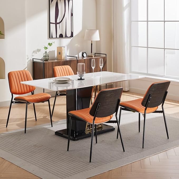 Dining Chairs Set of 6, Mid Century Modern Accent Dining Room and Kitchen Chairs, Upholstered PU Leather Vertical Stripe Chairs for Vanity with Walnut Bentwood and Metal Legs, Orange