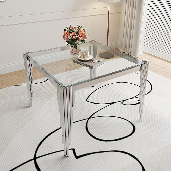 35" Square Glass Dining Table for 2-4, Modern Silver Tempered Glass Kitchen Table with Stainless Steel Legs for for Small Space, Kitchen, Living Room