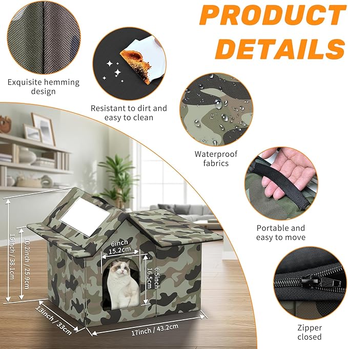 Outdoor Cat House Weatherproof, Large Feral Cat House for Winter, Collapsible Outdoor Cats Shelter in Winter with Door and Soft Mat, Easy to Assemble (Green)