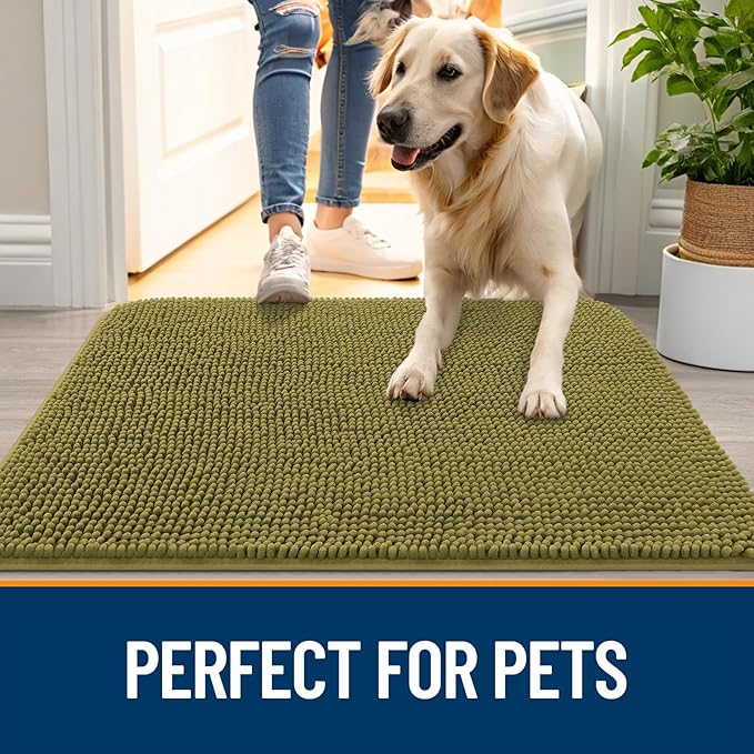 OLANLY Dog Door Mat for Muddy Paws 70x35, Absorbs Moisture and Dirt, Absorbent Non-Slip Washable Doormat, Quick Dry Chenille Mud Mat, Entry Indoor Entryway Carpet for Inside Floor, Willow Green