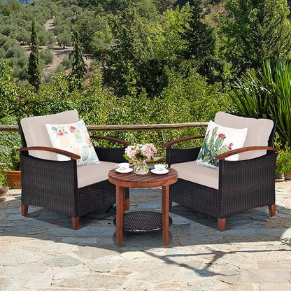 Tangkula 3 Pieces Patio Rattan Furniture Set, Outdoor Wicker Sofa Set w/Washable Cushion and Acacia Wood Tabletop, High Load Bearing Chair with Coffee Table, Conversation Furniture (Turquoise & Beige)