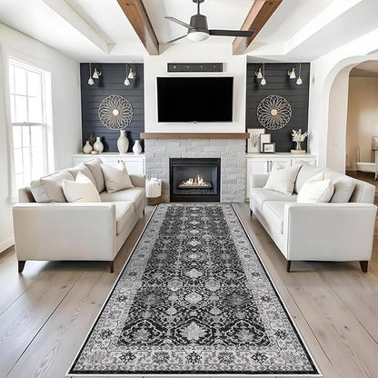4x10 Washable Hallway Runner Rug: Oriental 10ft Extra Wide Ultra Soft Runners for Living Room Bedroom Stain Resistant Low Pile Carpet for Entryway Ktichen Thin Non Slip Bathroom Floor Mat(Black,4x10)