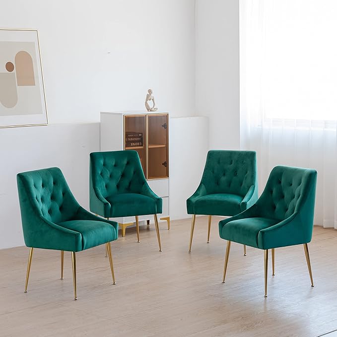 Modern Dining Chair Set of 2, Mid-Century Room Chair, Upholstered Comfortable Velvet with Back Pull Rod and Metal Legs for Kitchen, Dining, Living (Green), (DYXSD)