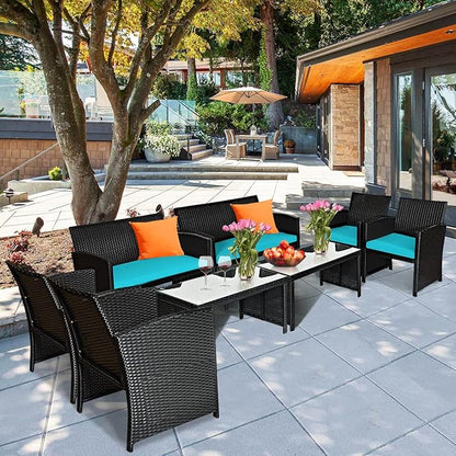 Tangkula 8 Pieces Patio Wicker Conversation Furniture Set, Patiojoy Sofa & Table Set w/4 Seats, Outdoor Rattan Sofa Set for Balcony Backyard, Wicker Chair Set with Tempered Glass Coffee Table