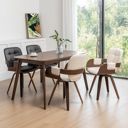Set of 2 Swivel Dining Chairs - Mid Century Modern Dining Chairs with Arms and Curved Back, Faux Leather Bentwood, Versatile for Living Room/Reception/Conference Room/Kitchen/Desk (Walnut Beige)