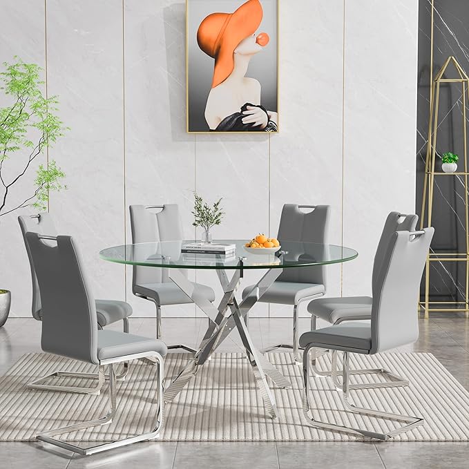 Goujxcy Round Dining Table Set for 6, Modern Glass Kitchen Table and Chairs Set of 6, 7 Piece Dining Room Table Set with 47" Circle Silver Metal Glass Dinner Table and 6 Grey Leather Dining Chairs