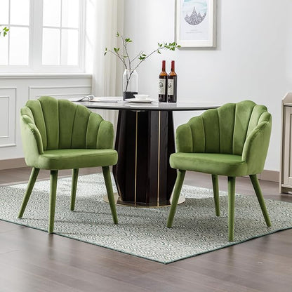 Velvet Dining Chairs Set of 4 Modern Living Room Chairs with Petal Back & Wood Legs Comfy Upholstered Side Chair for Dining Room/Bedroom/Vanity, Olive