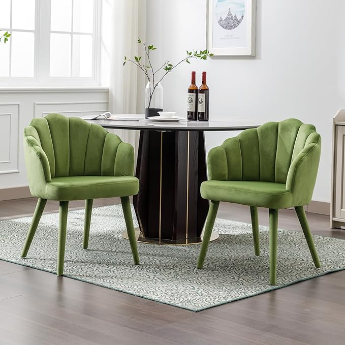 Velvet Dining Chairs Set of 2 Modern Living Room Chairs with Petal Back & Wood Legs Comfy Upholstered Side Chair for Dining Room/Bedroom/Vanity, Olive