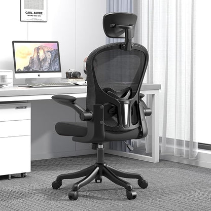 Mesh Office Chair with Adjustable Lumbar Support and Headrest, Ergonomic High Back Task Chair for Home Office, Flip-Up Arms 90-120° Tilt Lock Rolling Swivel Work Chairs(Black6065)