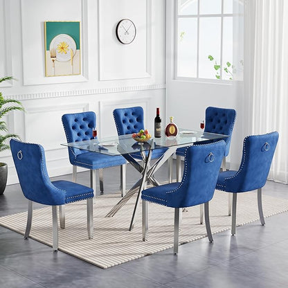 Goujxcy Glass Dining Table Set for 6, Modern Kitchen Table and Chairs Set of 6, 7-Piece Kitchen Dining Room Table Set w/61 Glass Silver Dining Table and 6 Blue Velvet Upholstered Chairs