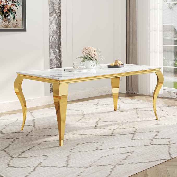 70" Large Marble Dining Table for 4-6 People, Modern Kitchen Table with Faux Marble top and Stainless Steel Legs, Perfect for Home Kitchen Living Room, White,Gold