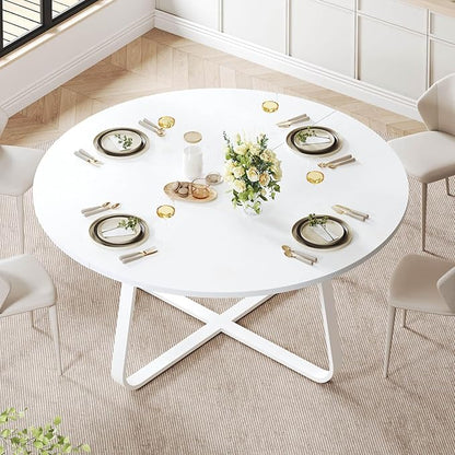 LVB Modern Round Dining Table, Wood Metal Kitchen Tables,Industrial Large Dinner Room Tables for 6 to 8, Circle Dining Room Table for Home Kitchen Living Room,White Oak,60 Inch