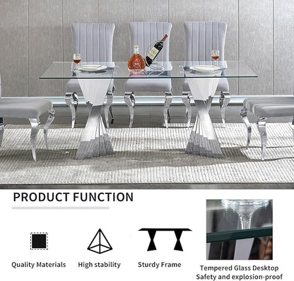Goujxcy 70" Modern Glass Dining Table for 6-8, Luxury Silver Glass Dining Room Table with Mirrored Flash-Shape Stainless Steel Base, Rectangle Kitchen Dinner Tables for Dining Room Kitchen