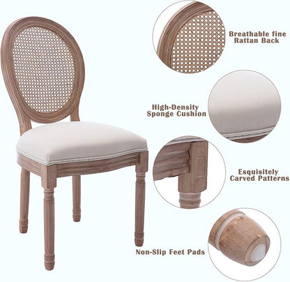 Nrizc French Country Dining Chairs Set of 4, Farmhouse Fabric Chairs with Round Back, Rattan Dining Chair, Oval Side Chairs for Dining Room/Living Room/Kitchen/Restaurant