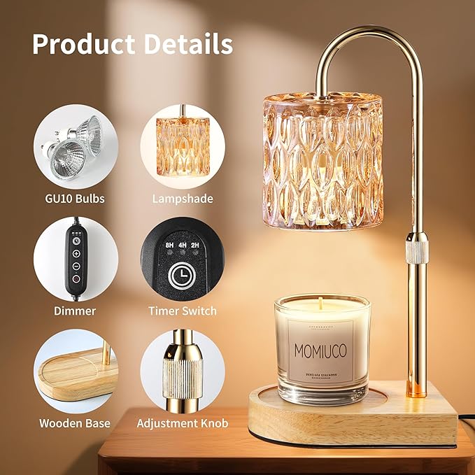 Candle Warmer Lamp, Electric Candle Lamp Warmer, House Warming Gifts New Home Bedroom Decor, Birthday Gifts for Women Mom, Adjustable Height with 2 Bulbs