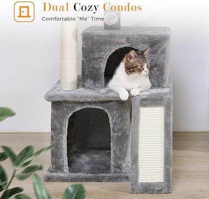 PAWZ Road 34 Inches Cat Tree Multilevel Cat Tower with Double Condos, Spacious Perch, Fully Wrapped Scratching Sisal Post and Replaceable Dangling Balls Gray