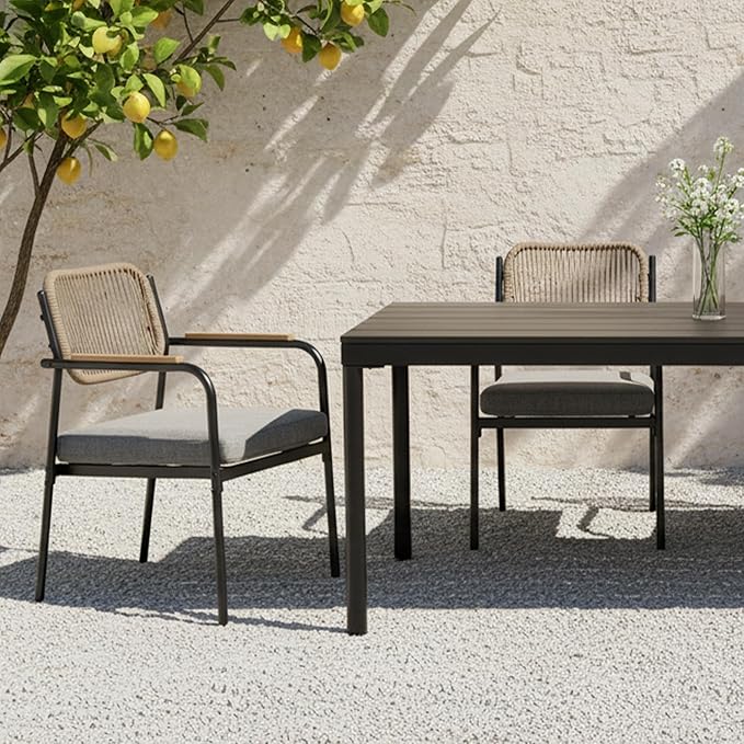 Outdoor Dining Chairs Set of 2, Wicker Patio Dining Chairs with Removable Cushions, Rectangle Patio Table Chair, All Weather Outdoor Chairs, Metal Lawn Chair for Adults/Indoor/Balcony, Gray